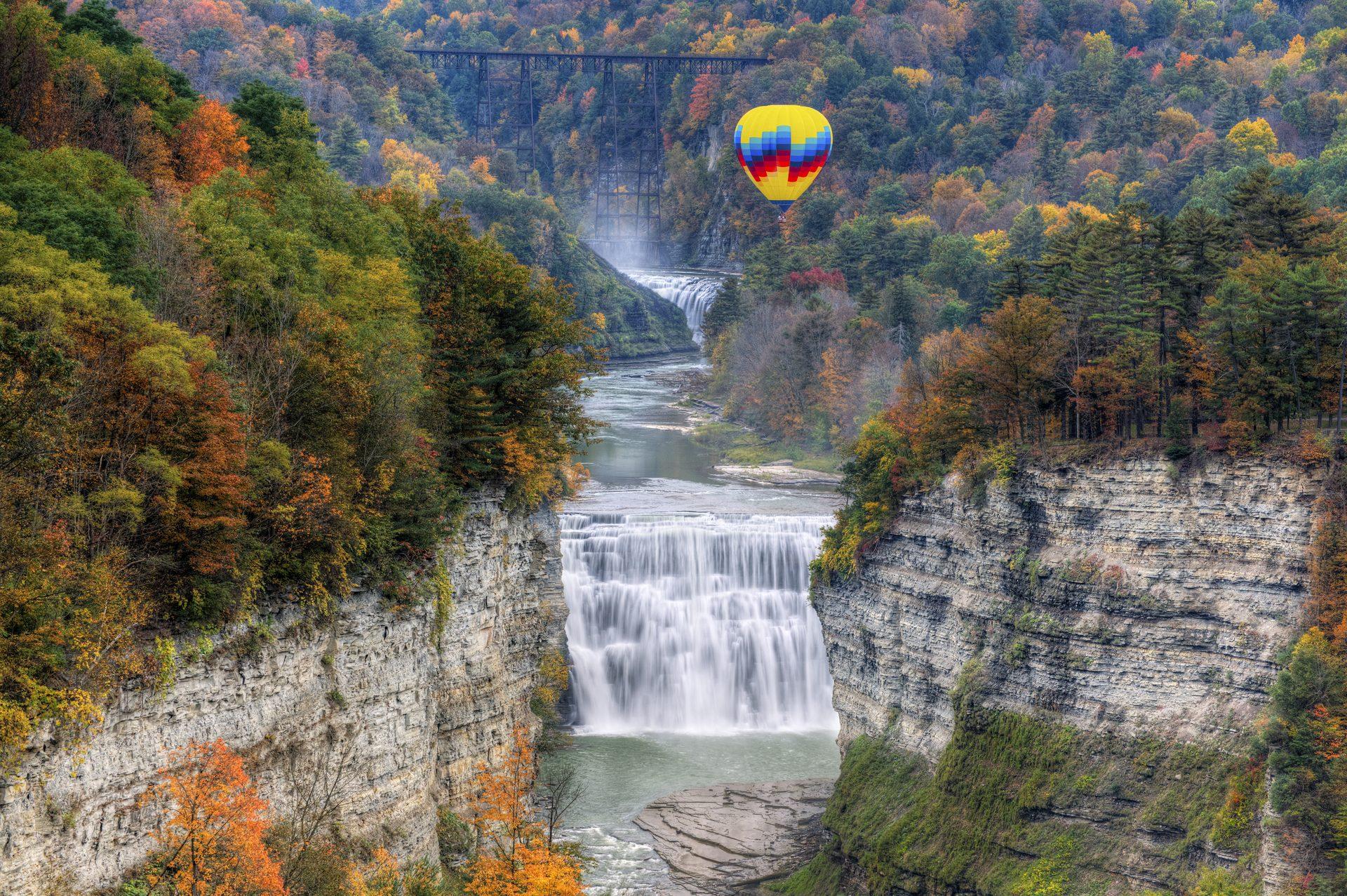 Letchworth State Park gorge with hot air balloon